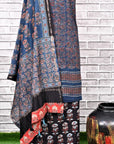 Indigo Black Unstitched Cotton Chanderi Ajrakh Print Suit