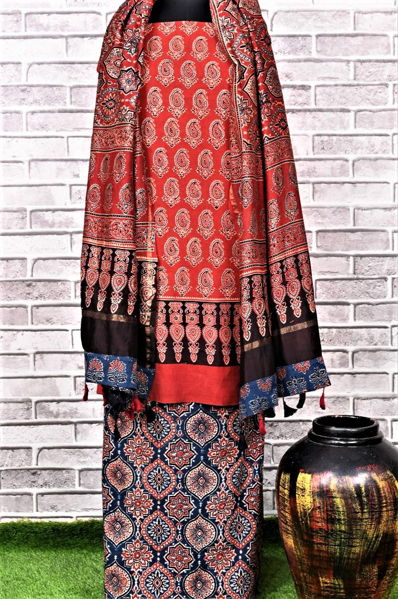 Red Indigo String Unstitched Cotton Chanderi Ajrakh Print Suit