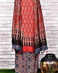 Red Indigo String Unstitched Cotton Chanderi Ajrakh Print Suit
