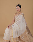 Golden White Kosa Pallu Maheshwari SiCo Saree Maheshwar Madhya Pradesh Cotton Silk Golden Zari Border Saree Maheshwari Silk Saree Maheshwari Saree