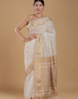 Golden White Kosa Pallu Maheshwari SiCo Saree Maheshwar Madhya Pradesh Cotton Silk Golden Zari Border Saree Maheshwari Silk Saree Maheshwari Saree