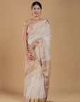 Golden White Kosa Pallu Maheshwari SiCo Saree Maheshwar Madhya Pradesh Cotton Silk Golden Zari Border Saree Maheshwari Silk Saree Maheshwari Saree