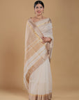 Golden White Maheshwari SiCo Saree Maheshwar Madhya Pradesh Cotton Silk Golden Zari Border Saree Maheshwari Silk Saree Maheshwari Saree