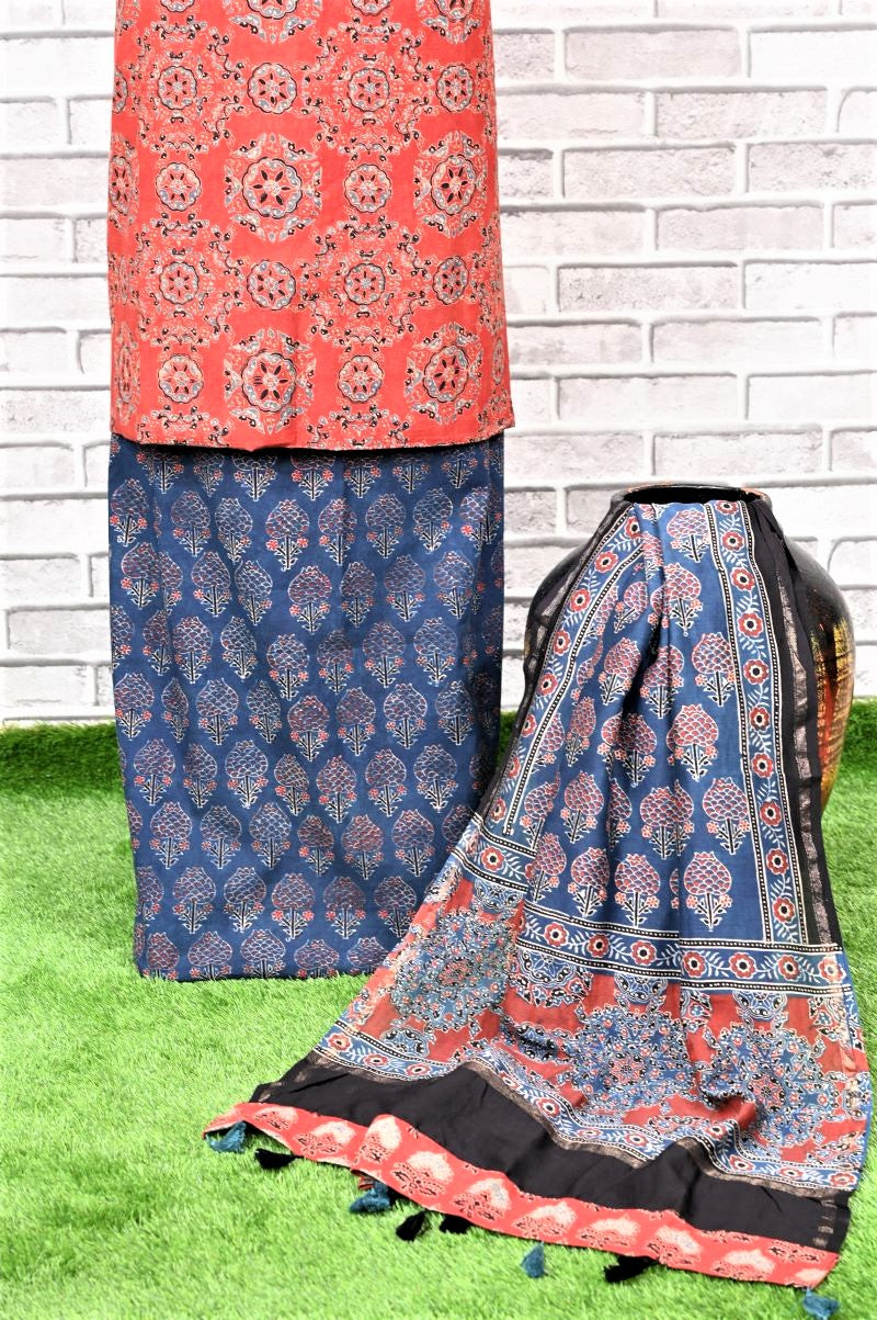 Red Indigo Kamal Unstitched Cotton Chanderi Ajrakh Print Suit