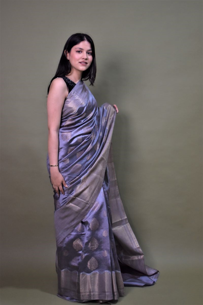 Grey Handloom Banarasi Chiniya Silk Saree: House Of Elegance