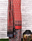 Red Indigo String Unstitched Cotton Chanderi Ajrakh Print Suit