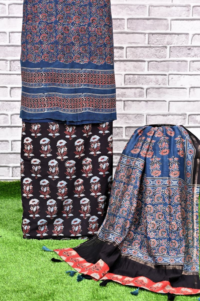 Indigo Black Unstitched Cotton Chanderi Ajrakh Print Suit