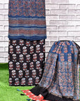 Indigo Black Unstitched Cotton Chanderi Ajrakh Print Suit