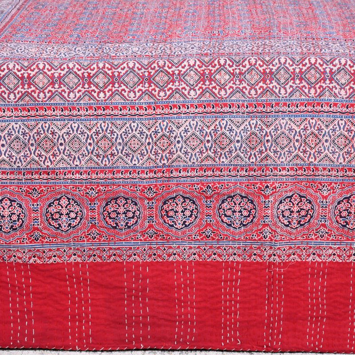 red-ajrakh-print-cotton-quilted bedcover-kantha