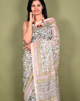 Ivory Jaal Hand Block Chanderi Silk Saree: House Of Elegance