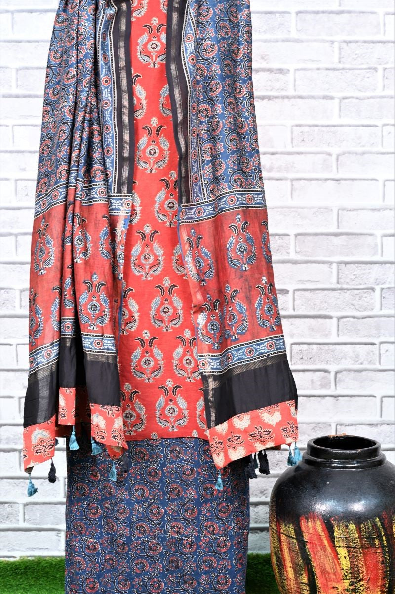 Red Indigo Unstitched Cotton Chanderi Ajrakh Print Suit