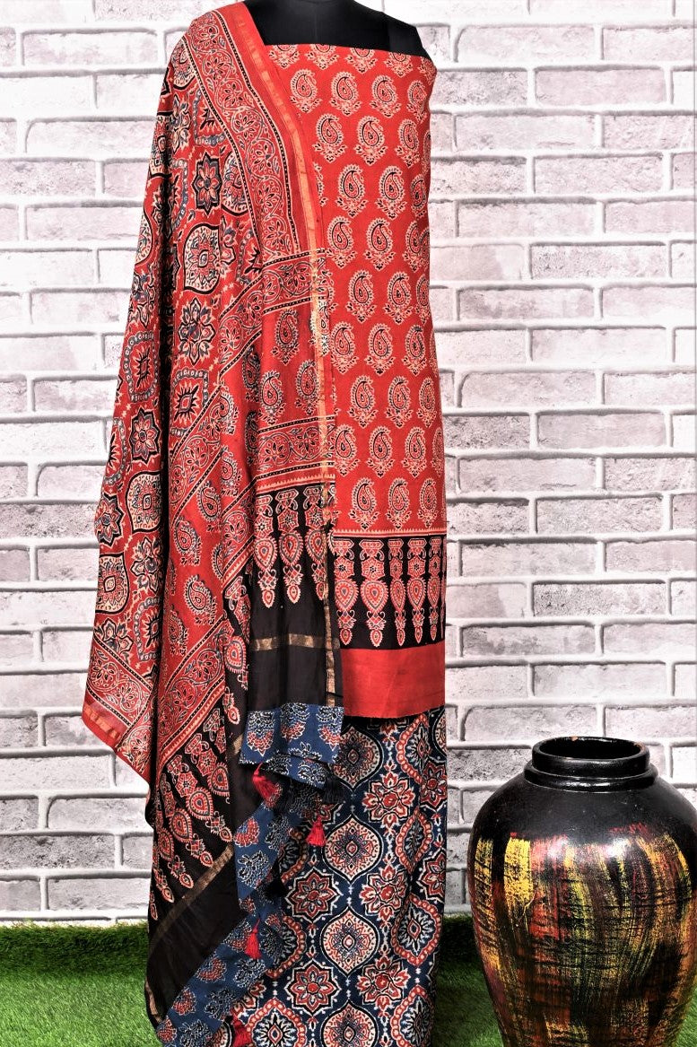 Red Indigo String Unstitched Cotton Chanderi Ajrakh Print Suit