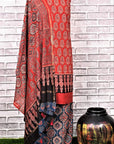 Red Indigo String Unstitched Cotton Chanderi Ajrakh Print Suit