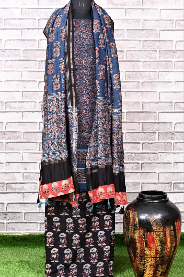 Indigo Black Unstitched Cotton Chanderi Ajrakh Print Suit