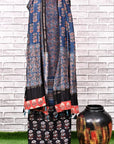 Indigo Black Unstitched Cotton Chanderi Ajrakh Print Suit