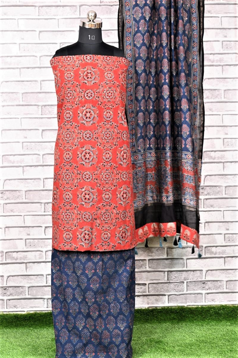Red Indigo Kamal Unstitched Cotton Chanderi Ajrakh Print Suit
