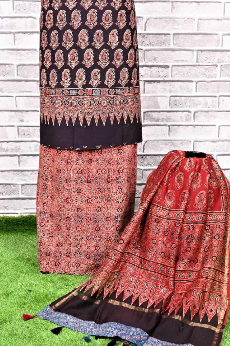 Black Red Minkundi Unstitched Cotton Chanderi Ajrakh Print Suit