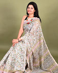 Ivory Jaal Hand Block Chanderi Silk Saree: House Of Elegance