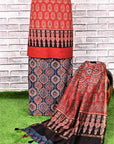 Red Indigo String Unstitched Cotton Chanderi Ajrakh Print Suit