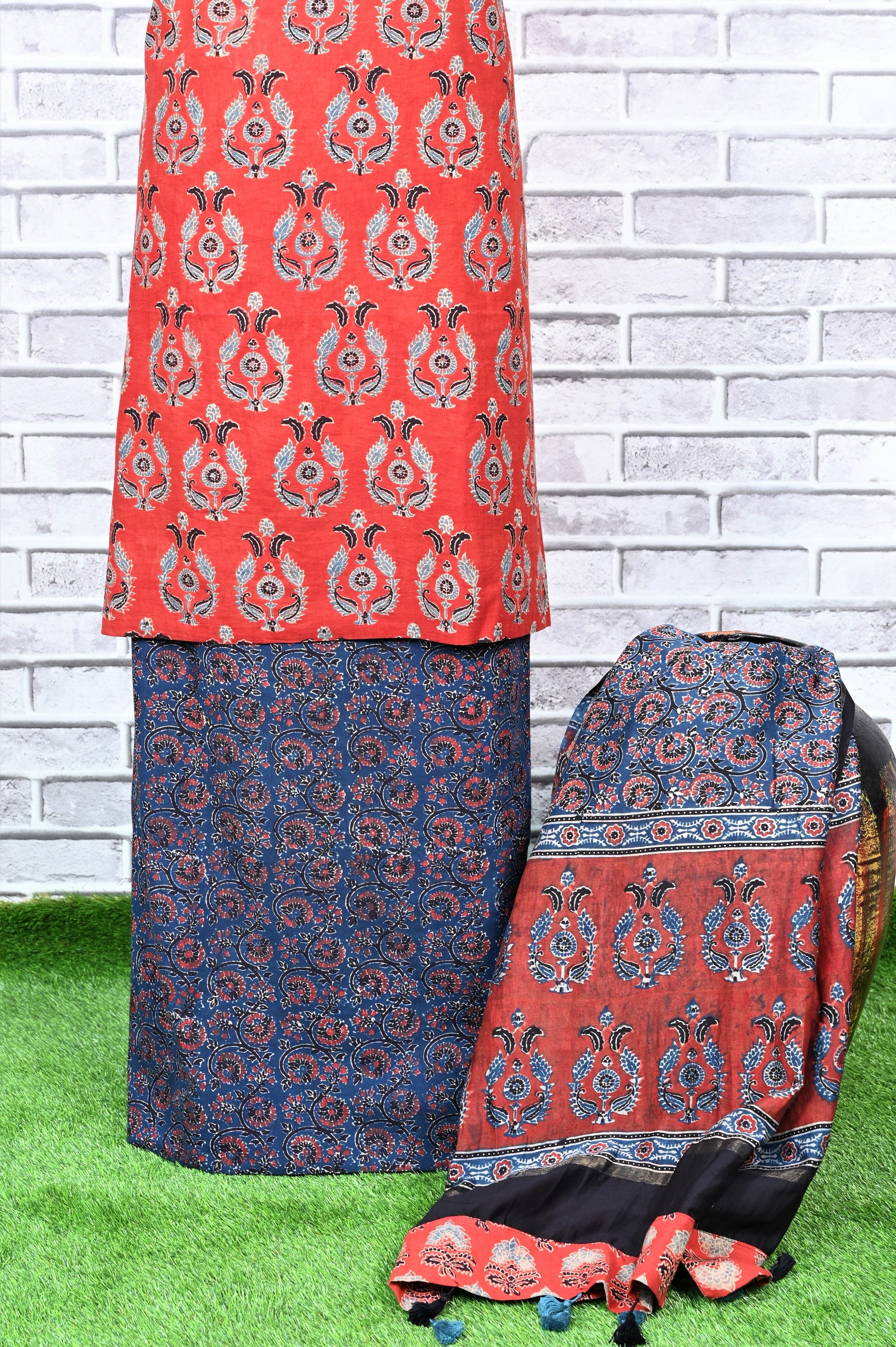 Red Indigo Unstitched Cotton Chanderi Ajrakh Print Suit