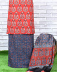 Red Indigo Unstitched Cotton Chanderi Ajrakh Print Suit