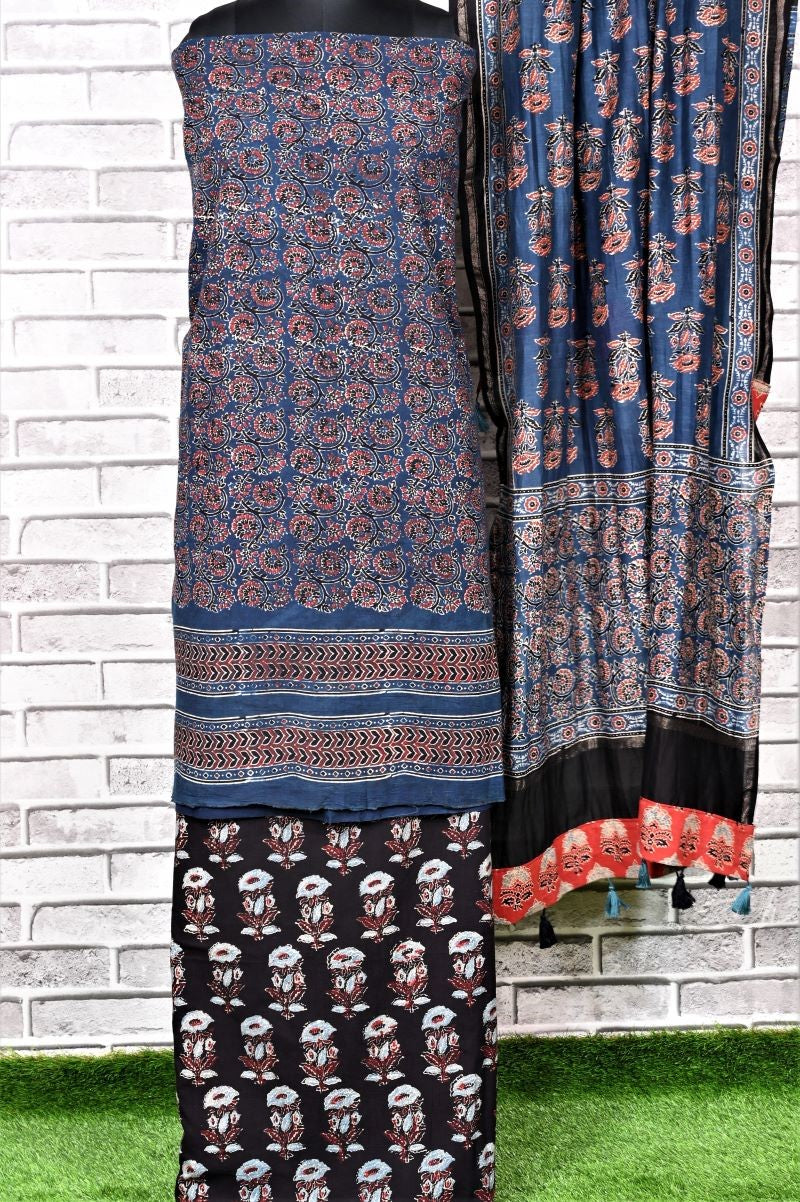 Indigo Black Unstitched Cotton Chanderi Ajrakh Print Suit