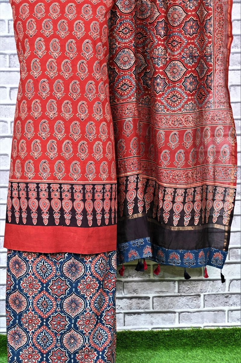 Red Indigo String Unstitched Cotton Chanderi Ajrakh Print Suit