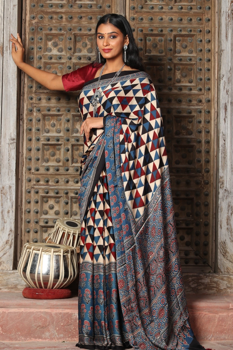 Blue Red Modal Silk Ajrakh Saree