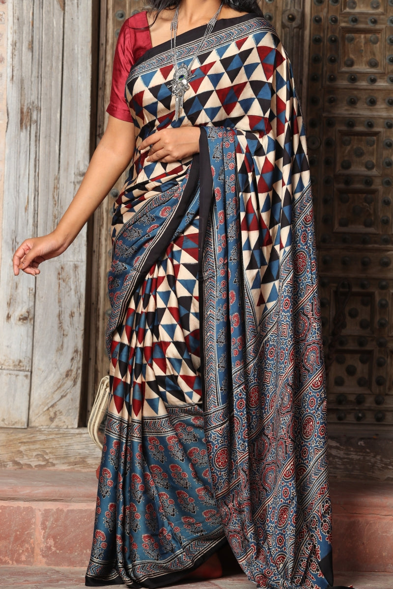 Blue Modal Silk Ajrakh Saree