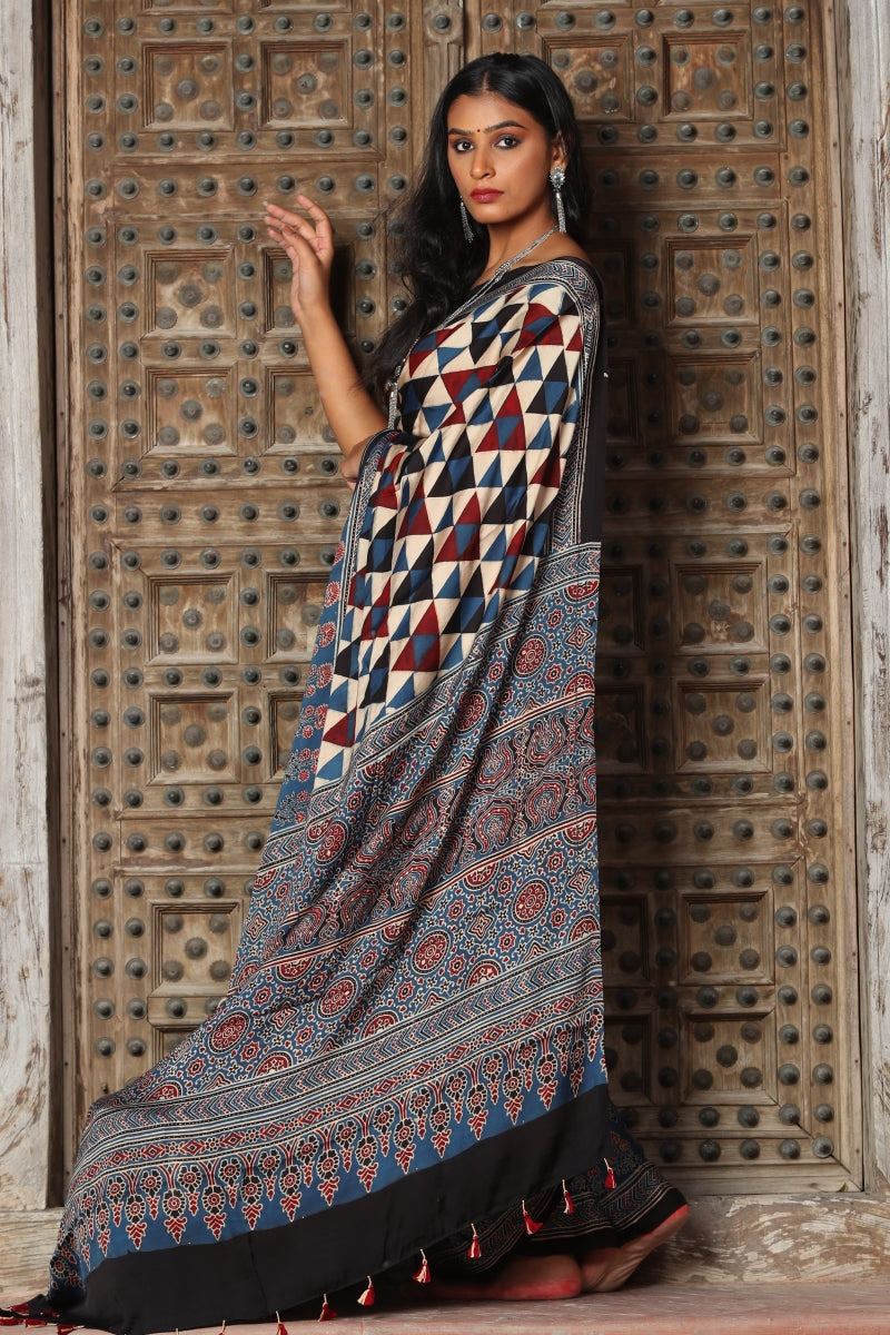 Ajrakh Modal Silk Saree