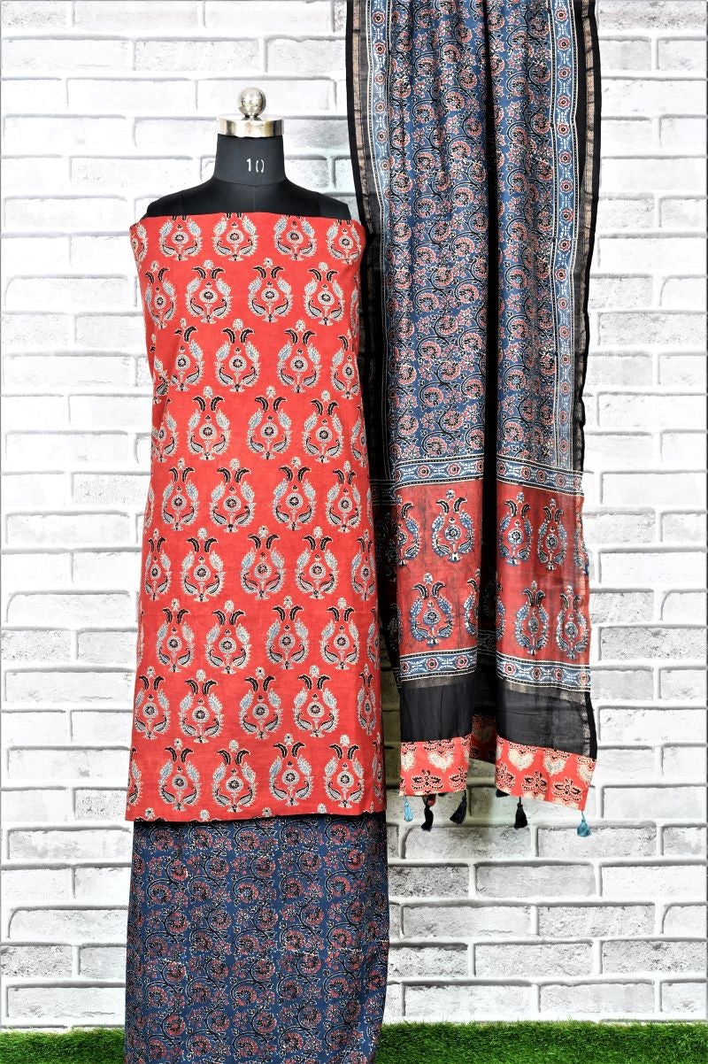 Red Indigo Unstitched Cotton Chanderi Ajrakh Print Suit