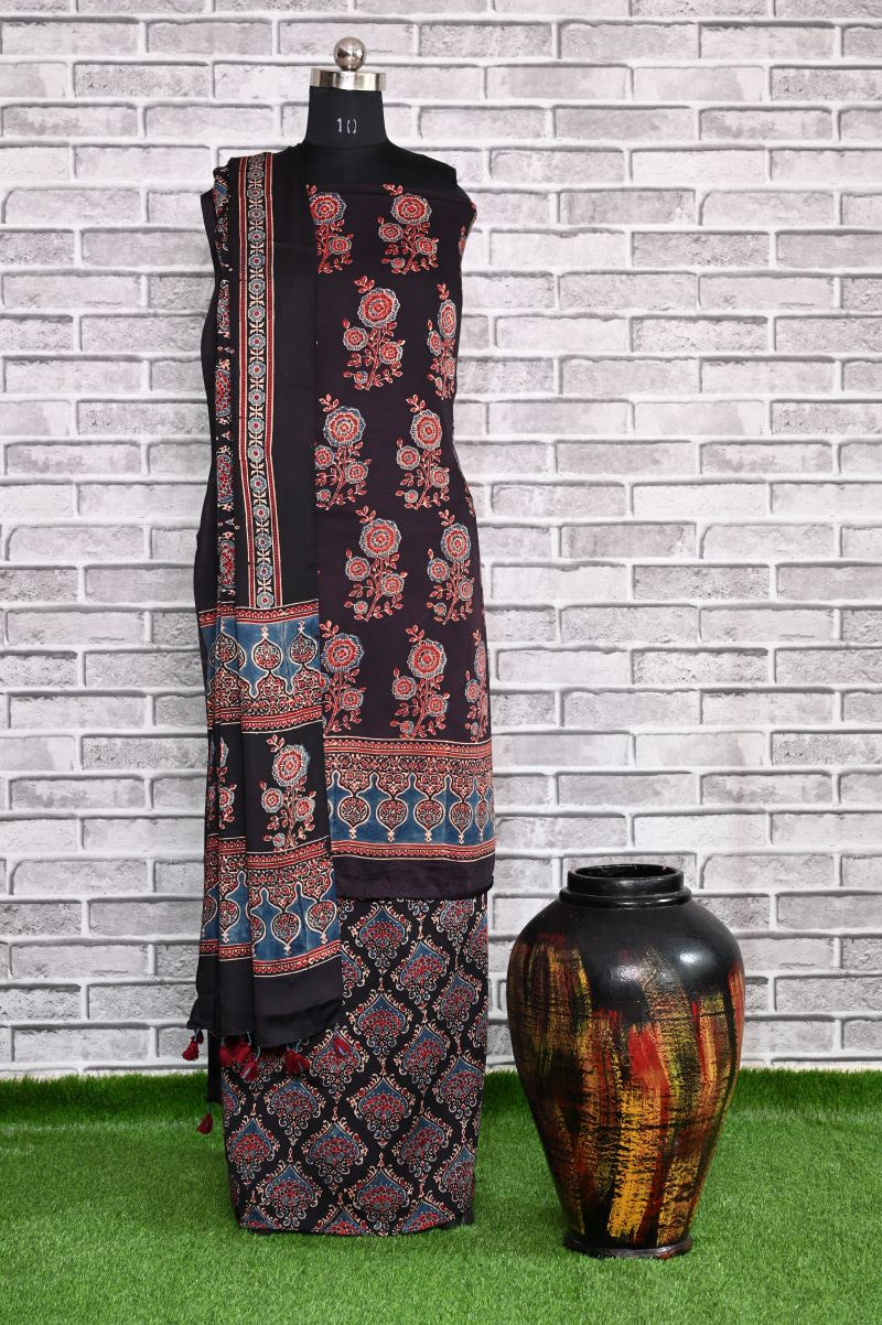 Floral String Unstitched Modal Silk Ajrakh Print Suit