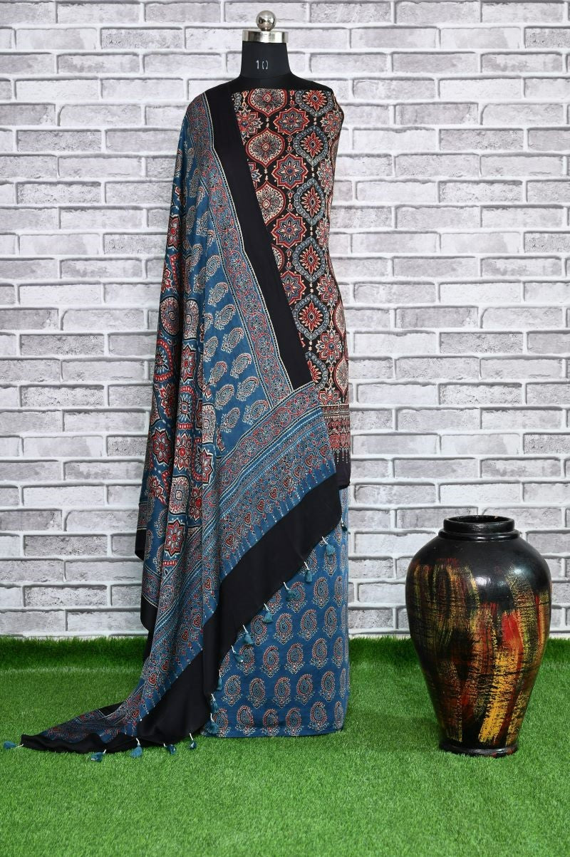String Paisley Unstitched Modal Silk Ajrakh Print Suit