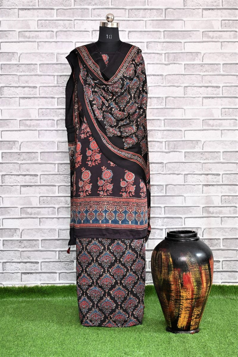 Floral String Unstitched Modal Silk Ajrakh Print Suit