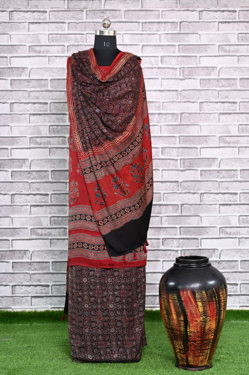 Red Black Corsage Unstitched Modal Silk Ajrakh Print Suit