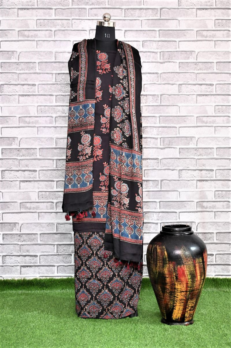Floral String Unstitched Modal Silk Ajrakh Print Suit