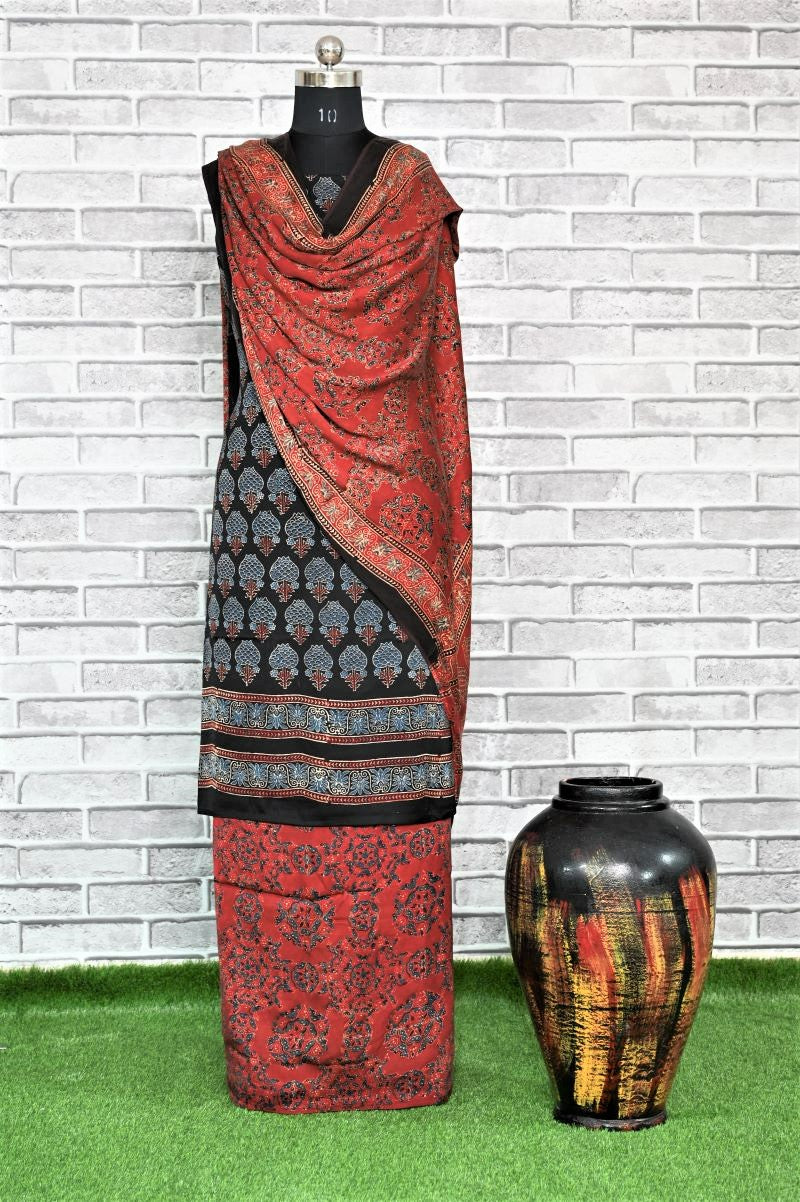 Black Red Kamal Unstitched Modal Silk Ajrakh Print Suit