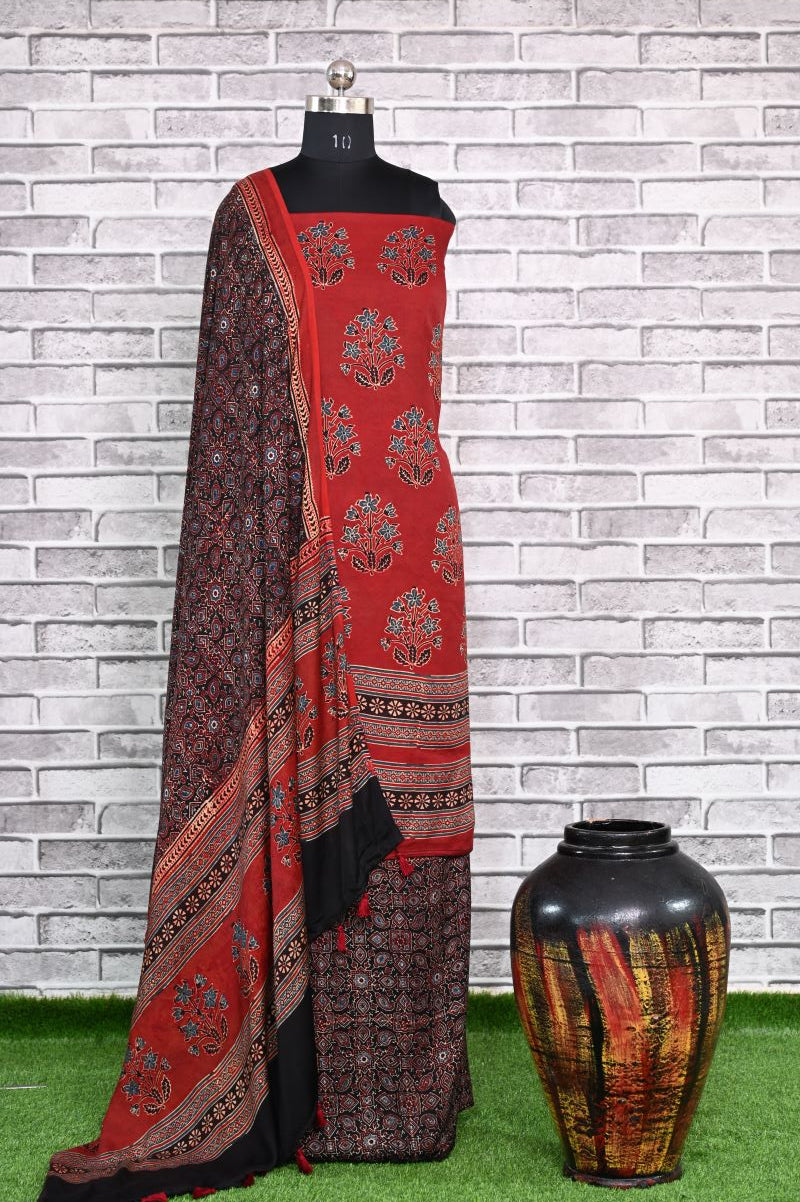 Red Black Corsage Unstitched Modal Silk Ajrakh Print Suit