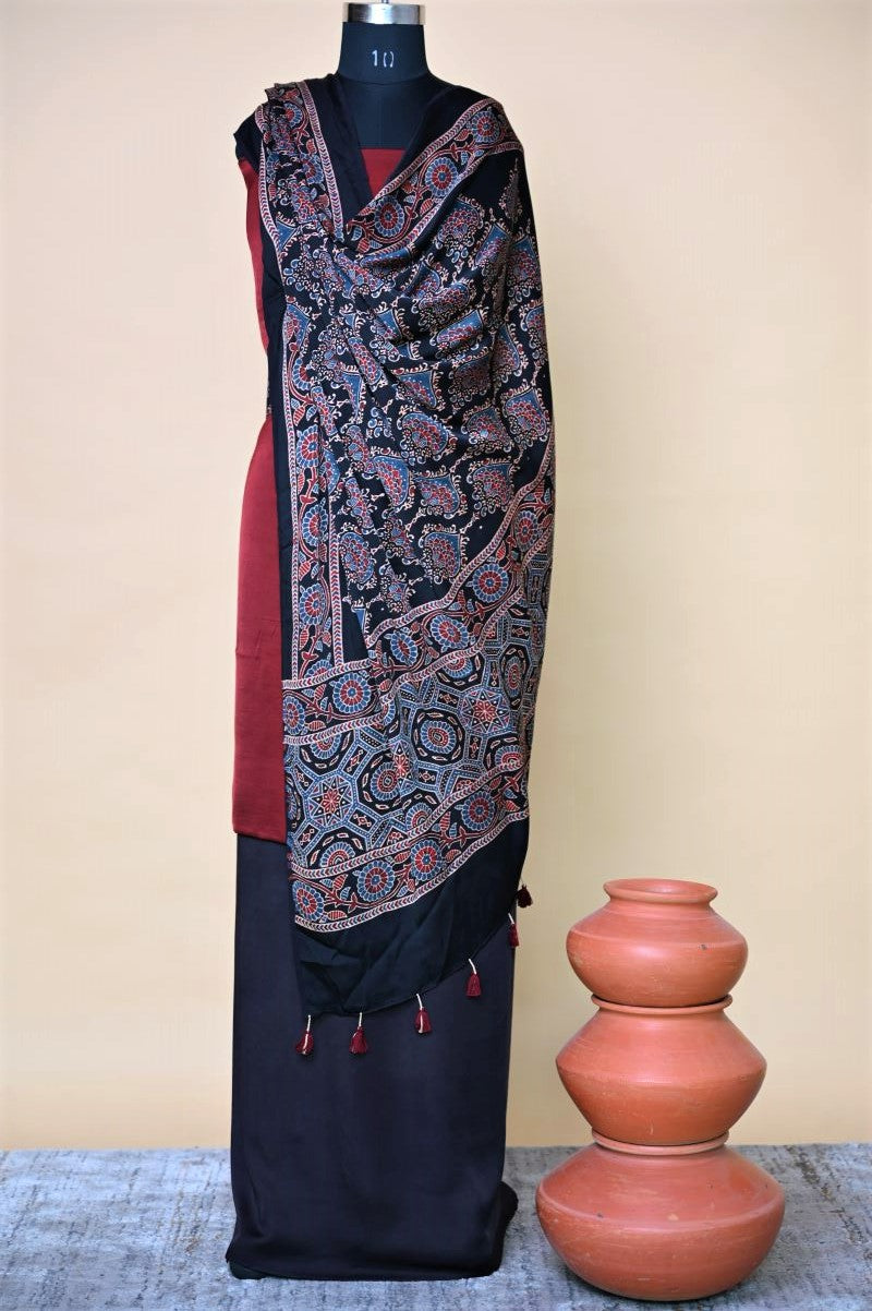 Black Indigo Modal Silk Ajrakh Dupatta