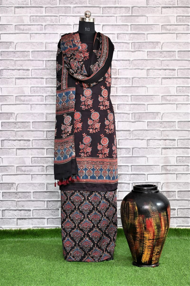 Floral String Unstitched Modal Silk Ajrakh Print Suit
