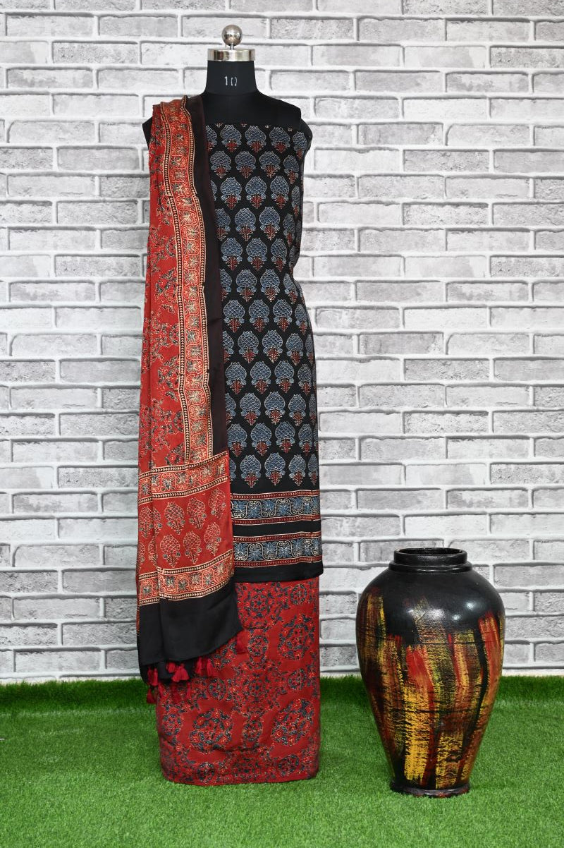 Black Red Kamal Unstitched Modal Silk Ajrakh Print Suit