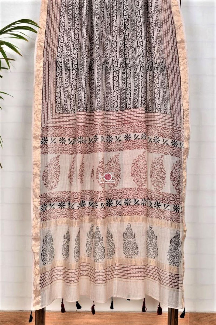 White Paisley Stripe / SiCo | Maheshwari Bagh | 3 Pcs Suit - Handcrafted Home decor and Lifestyle Products