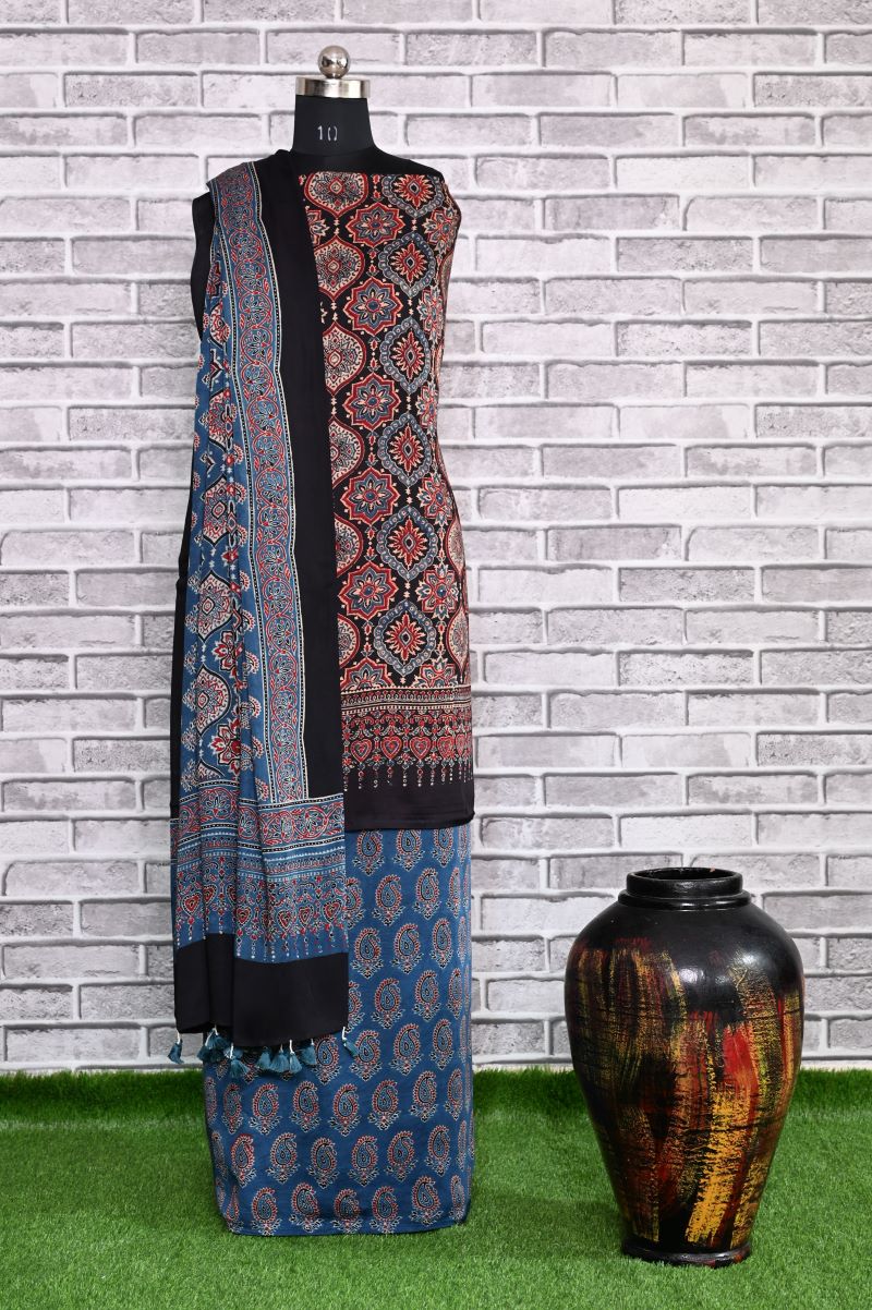 String Paisley Unstitched Modal Silk Ajrakh Print Suit