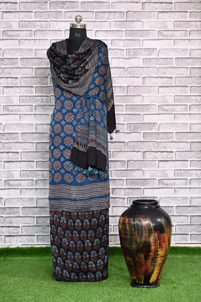 Indigo Choufal Unstitched Modal Silk Ajrakh Print Suit