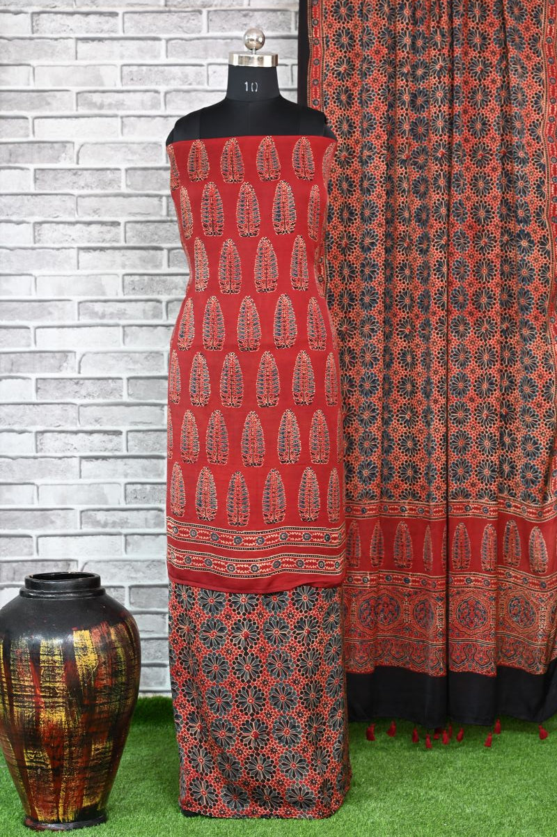 Red Asopalav Unstitched Modal Silk Ajrakh Print Suit
