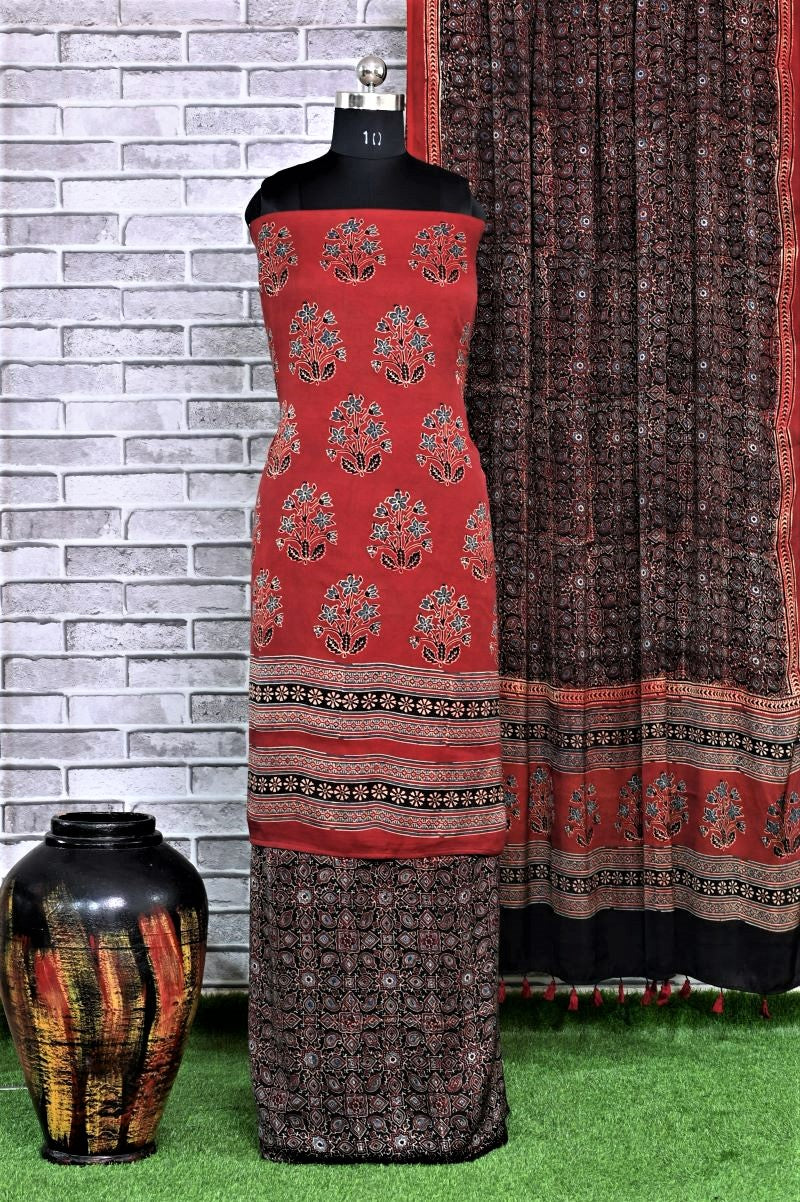 Red Black Corsage Unstitched Modal Silk Ajrakh Print Suit