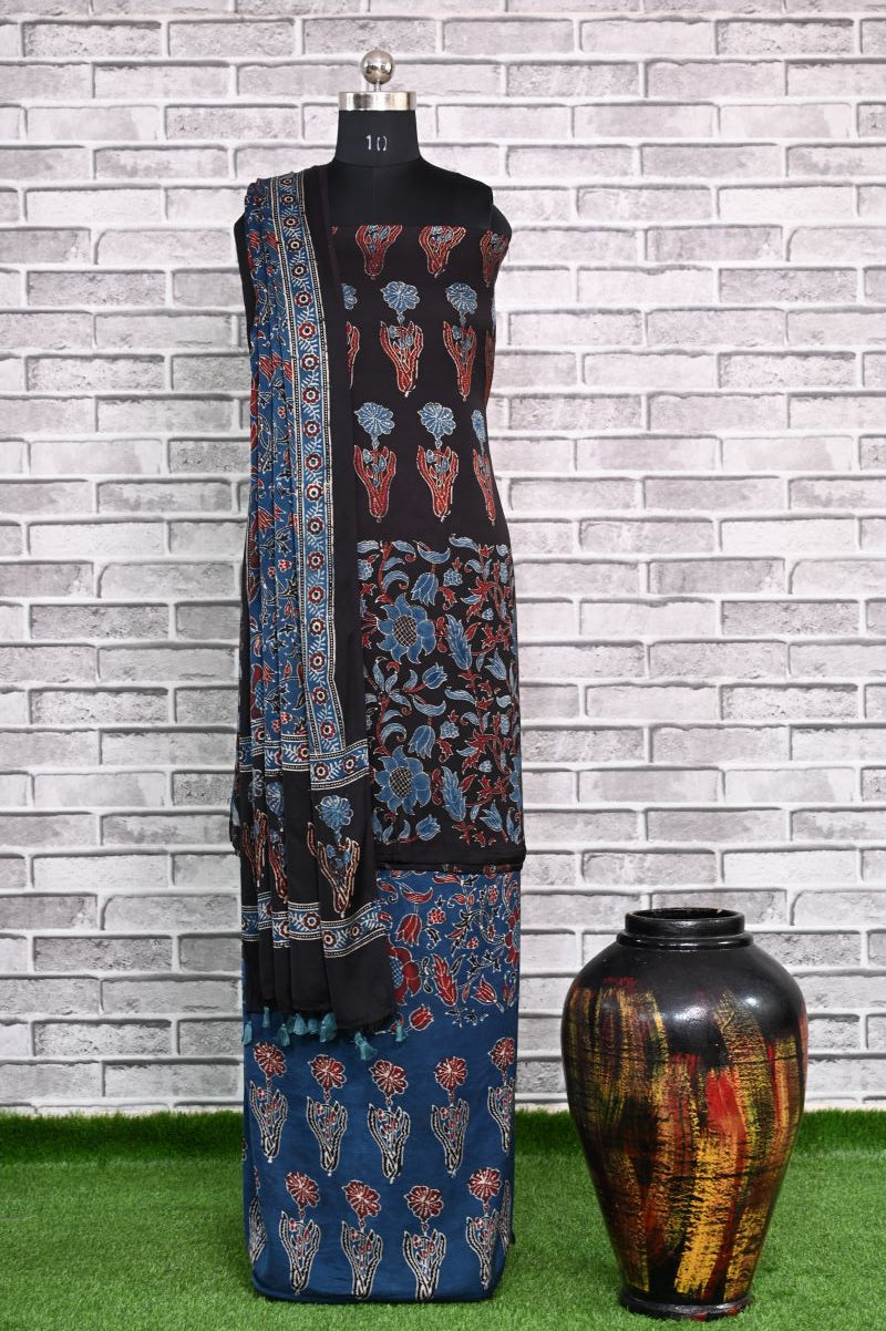 Black Indigo Unstitched Modal Silk Ajrakh Print Suit