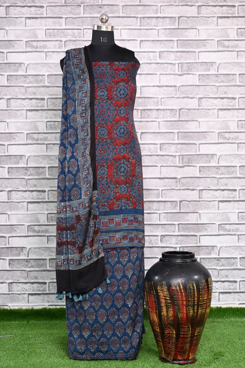 Smokey Indigo Unstitched Modal Silk Ajrakh Print Suit