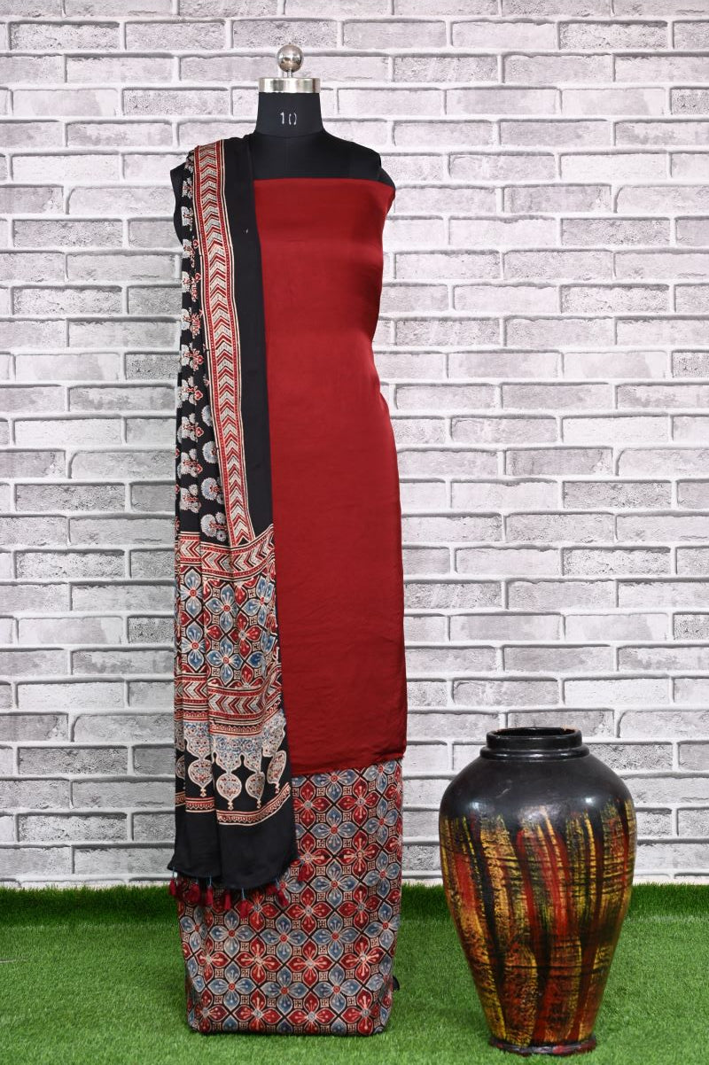 Maroon Flora Unstitched Modal Silk Ajrakh Print Suit