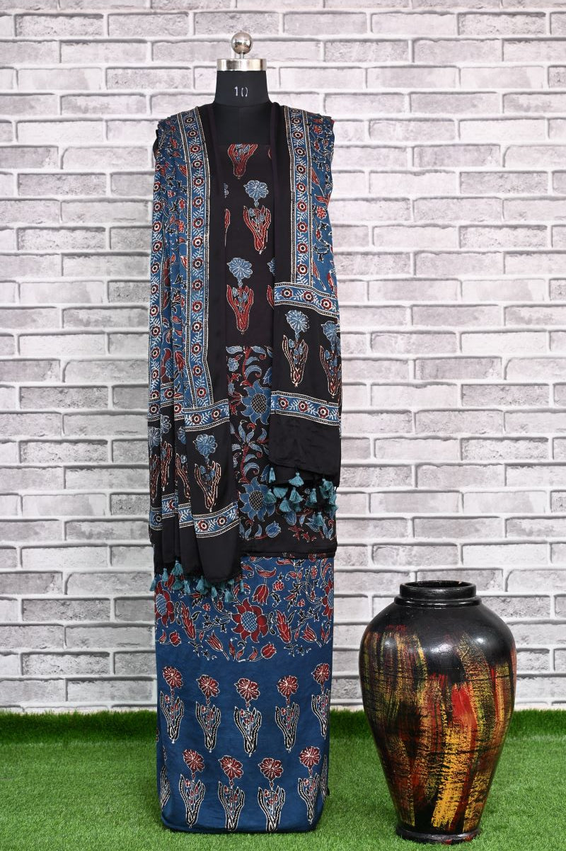 Black Indigo Unstitched Modal Silk Ajrakh Print Suit
